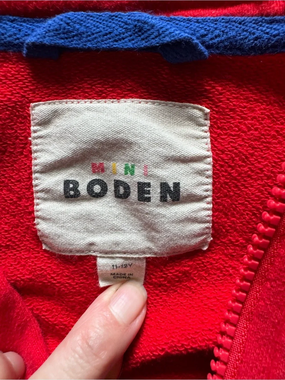 Mini Boden Cotton Red Kids' Zip-Up Hoodie with Sleeve Stripes